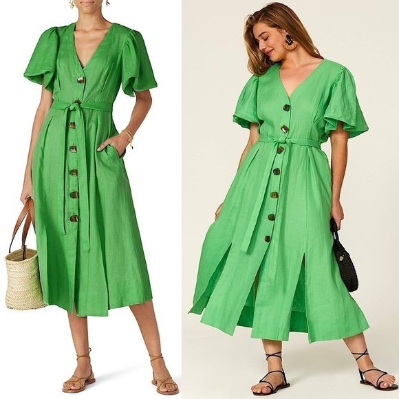 NICHOLAS Dresses & Skirts - NICHOLAS Lime Linen Puff Short Sleeve V-Neck Tie Waist Button Front Midi Dress 6